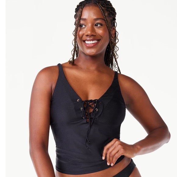 NWT bikini Love & Sports Black Shimmer Lace-Up Tankini Top size XS Bottom Small - Picture 8 of 15